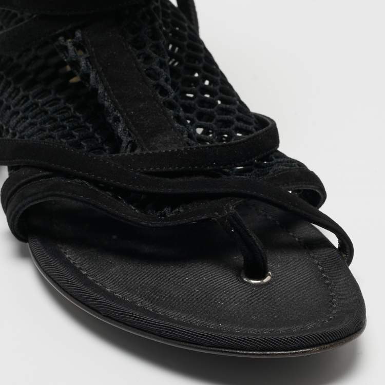 Pre Owned Dolce & Gabbana Black Mesh and Suede Strappy Thong Flat Sandals Size 39.5