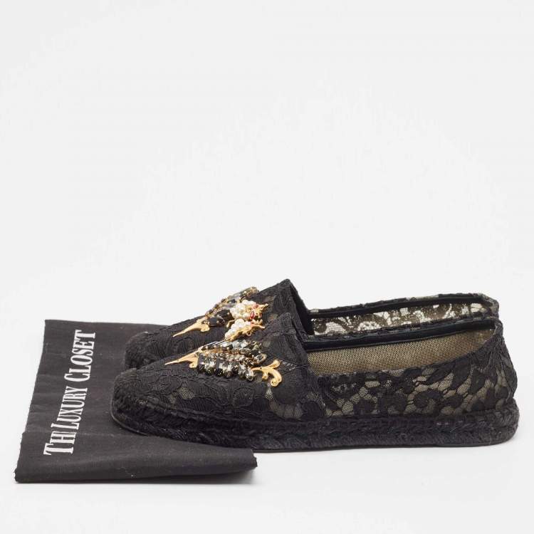 Pre Owned Dolce & Gabbana Black Lace Crystal Embellished Espadrille Flats Size 40
