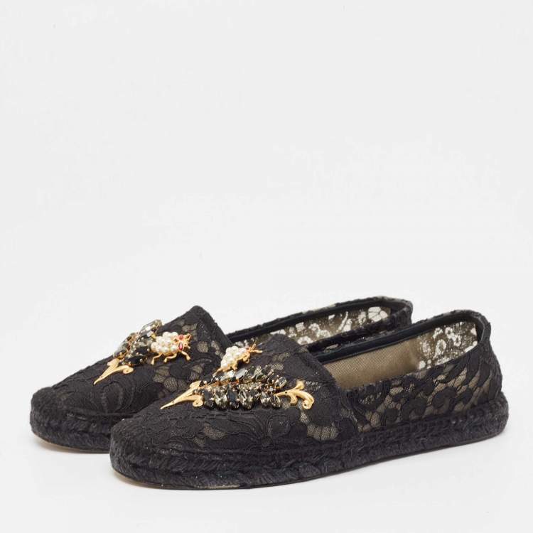 Pre Owned Dolce & Gabbana Black Lace Crystal Embellished Espadrille Flats Size 40