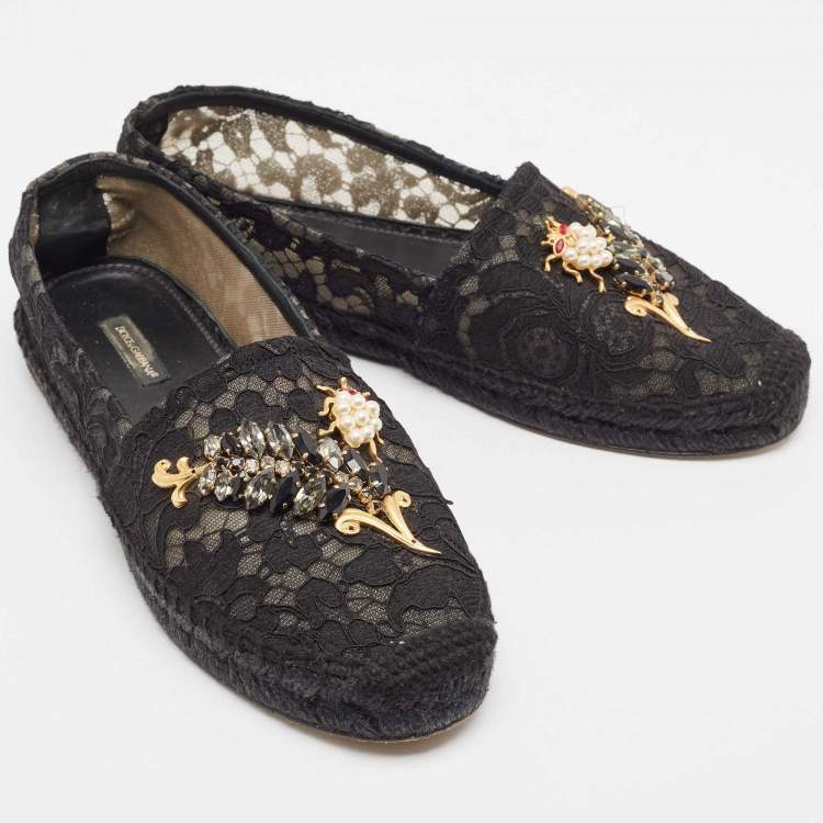 Pre Owned Dolce & Gabbana Black Lace Crystal Embellished Espadrille Flats Size 40