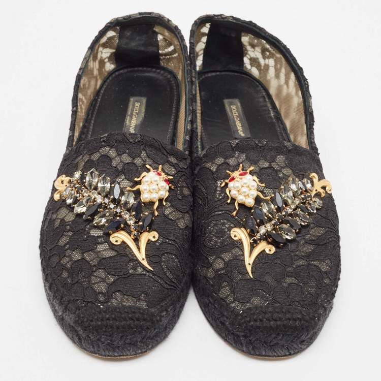 Pre Owned Dolce & Gabbana Black Lace Crystal Embellished Espadrille Flats Size 40