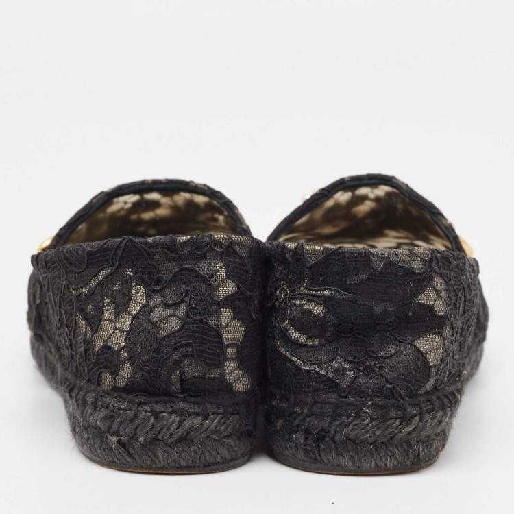 Pre Owned Dolce & Gabbana Black Lace Crystal Embellished Espadrille Flats Size 40