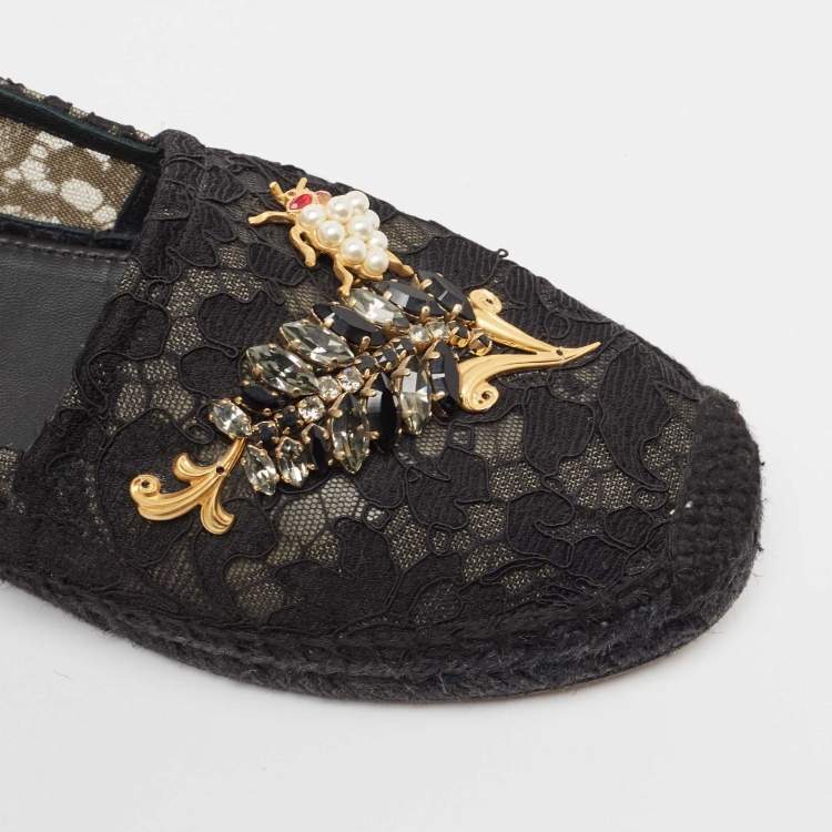 Pre Owned Dolce & Gabbana Black Lace Crystal Embellished Espadrille Flats Size 40