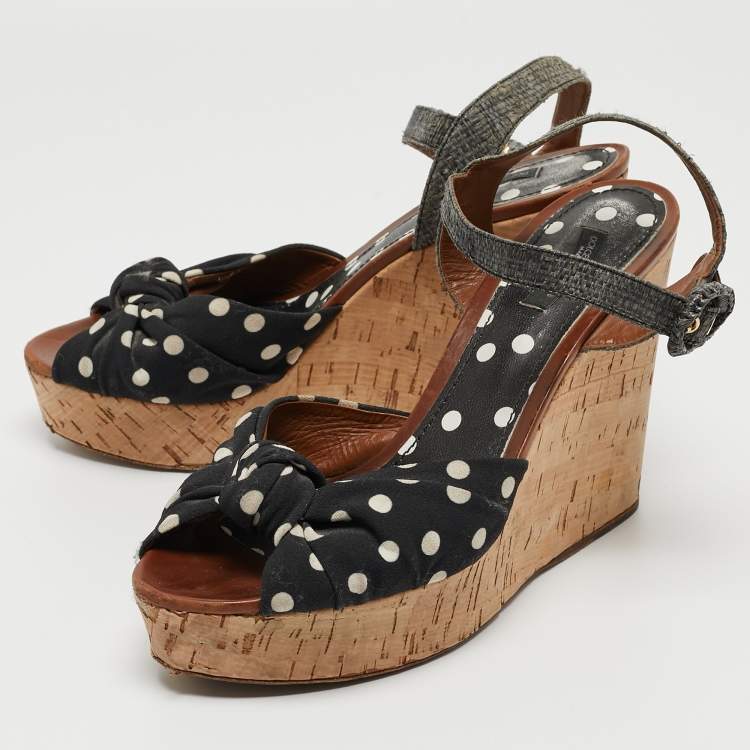 Pre Owned Dolce & Gabbana Black/Grey Knotted Polka Dot Fabric and Raffia Cork Wedge Ankle Strap Sandals Size 41