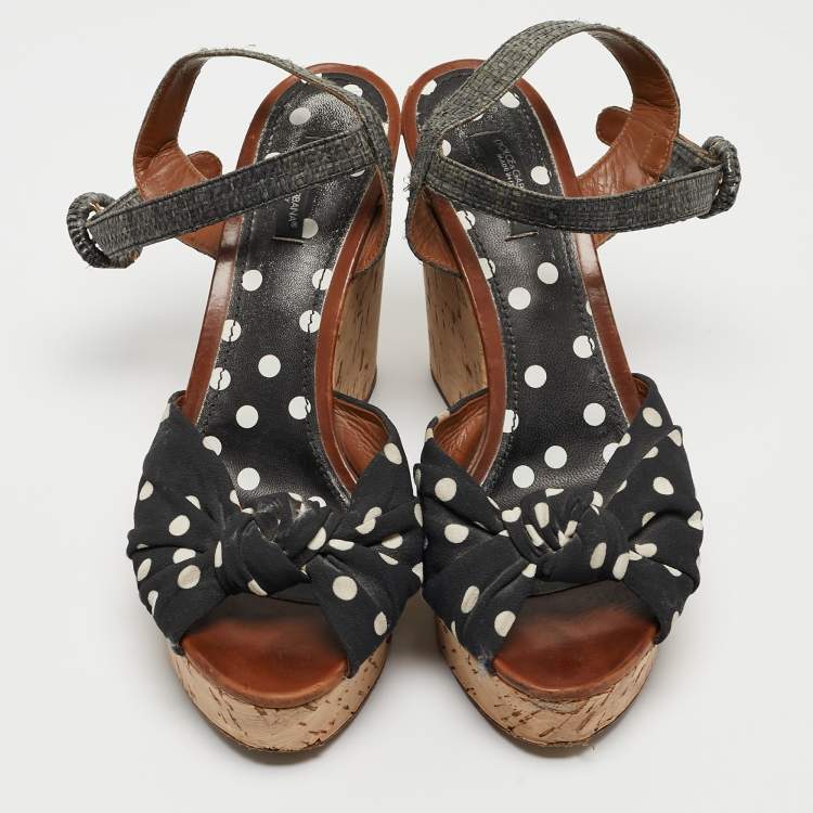 Pre Owned Dolce & Gabbana Black/Grey Knotted Polka Dot Fabric and Raffia Cork Wedge Ankle Strap Sandals Size 41