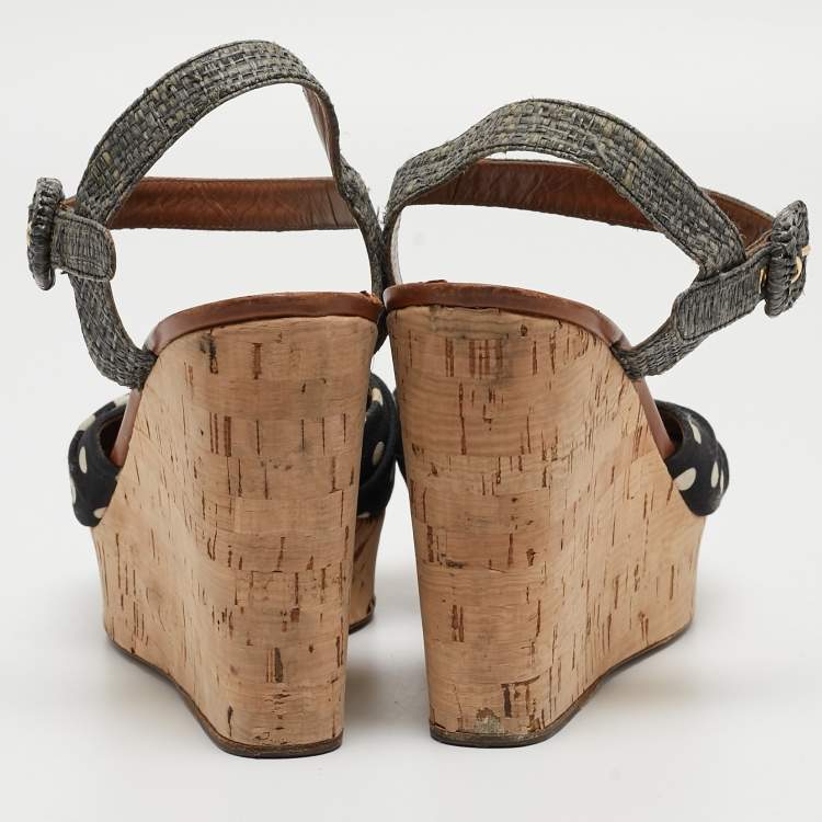 Pre Owned Dolce & Gabbana Black/Grey Knotted Polka Dot Fabric and Raffia Cork Wedge Ankle Strap Sandals Size 41