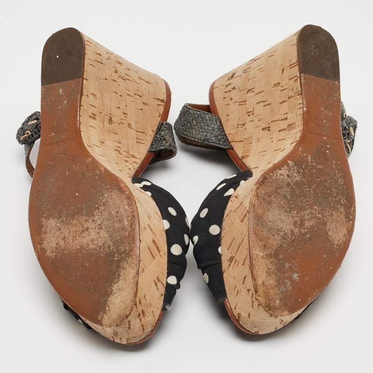 Pre Owned Dolce & Gabbana Black/Grey Knotted Polka Dot Fabric and Raffia Cork Wedge Ankle Strap Sandals Size 41