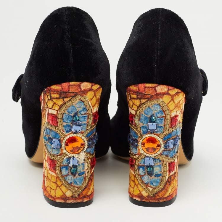 Pre Owned Dolce & Gabbana Black Velvet Crystal Embellished Printed Block Heel Mary Jane Pumps Size 40