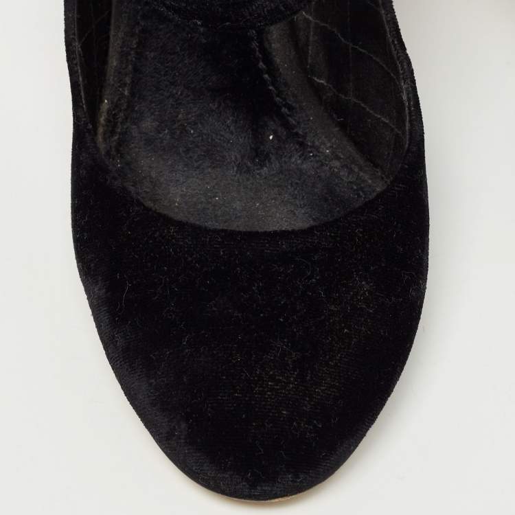 Pre Owned Dolce & Gabbana Black Velvet Crystal Embellished Printed Block Heel Mary Jane Pumps Size 40