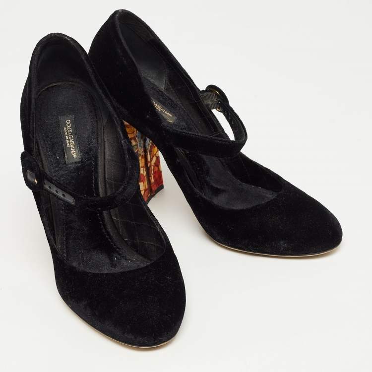 Pre Owned Dolce & Gabbana Black Velvet Crystal Embellished Printed Block Heel Mary Jane Pumps Size 40