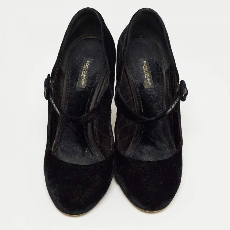 Pre Owned Dolce & Gabbana Black Velvet Crystal Embellished Printed Block Heel Mary Jane Pumps Size 40