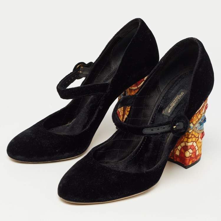 Pre Owned Dolce & Gabbana Black Velvet Crystal Embellished Printed Block Heel Mary Jane Pumps Size 40