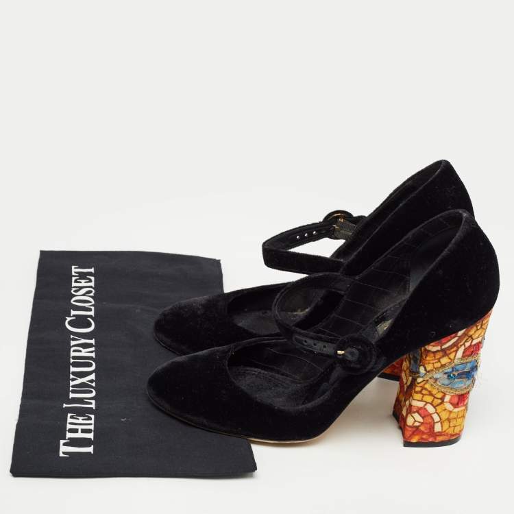 Pre Owned Dolce & Gabbana Black Velvet Crystal Embellished Printed Block Heel Mary Jane Pumps Size 40