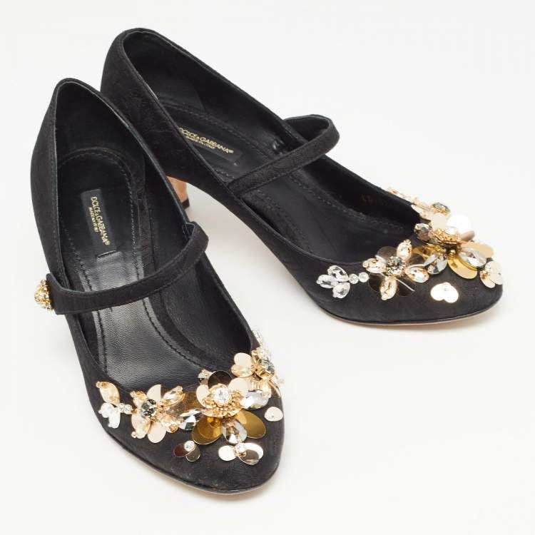 Pre Owned Dolce & Gabbana Black Brocade Fabric Embellished Mary Jane Pumps Size 39