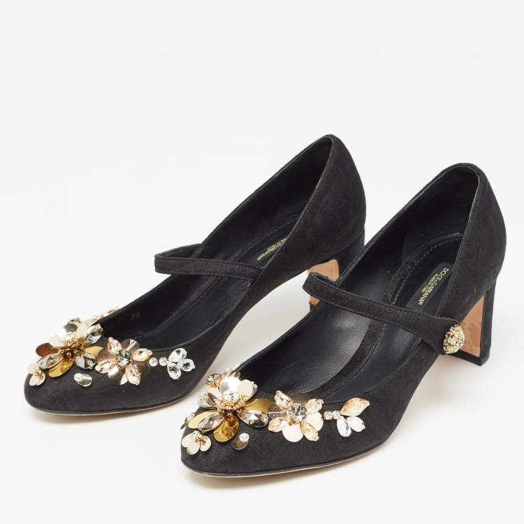 Pre Owned Dolce & Gabbana Black Brocade Fabric Embellished Mary Jane Pumps Size 39