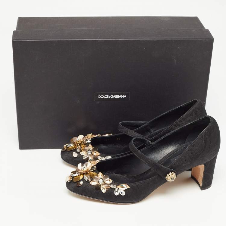 Pre Owned Dolce & Gabbana Black Brocade Fabric Embellished Mary Jane Pumps Size 39