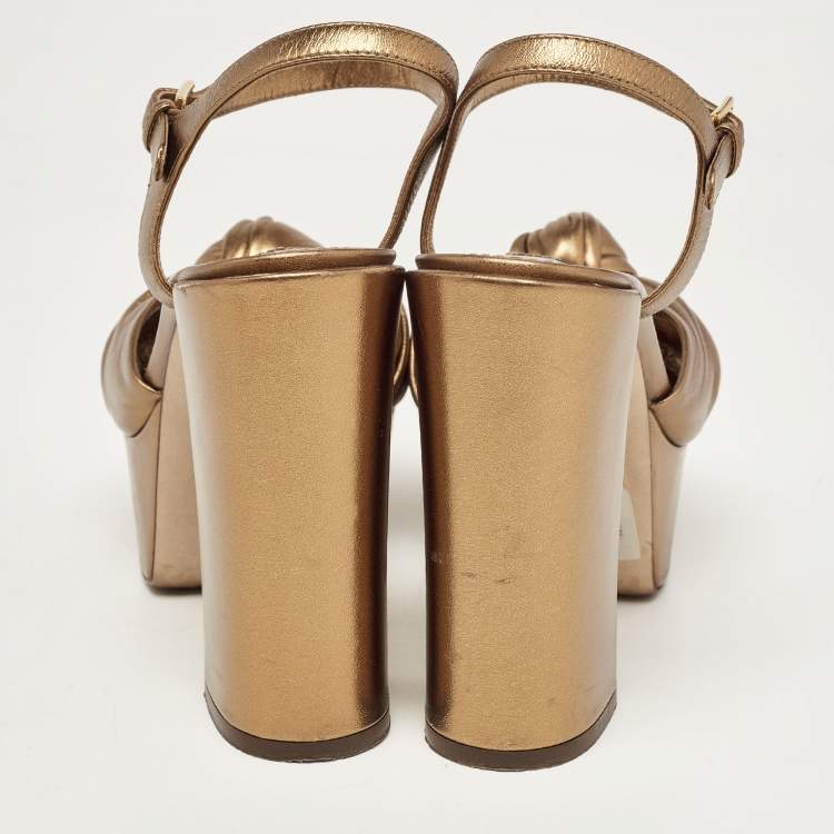 Pre Owned Dolce & Gabbana Metallic Knotted Leather Platform Ankle Strap Sandals Size 37