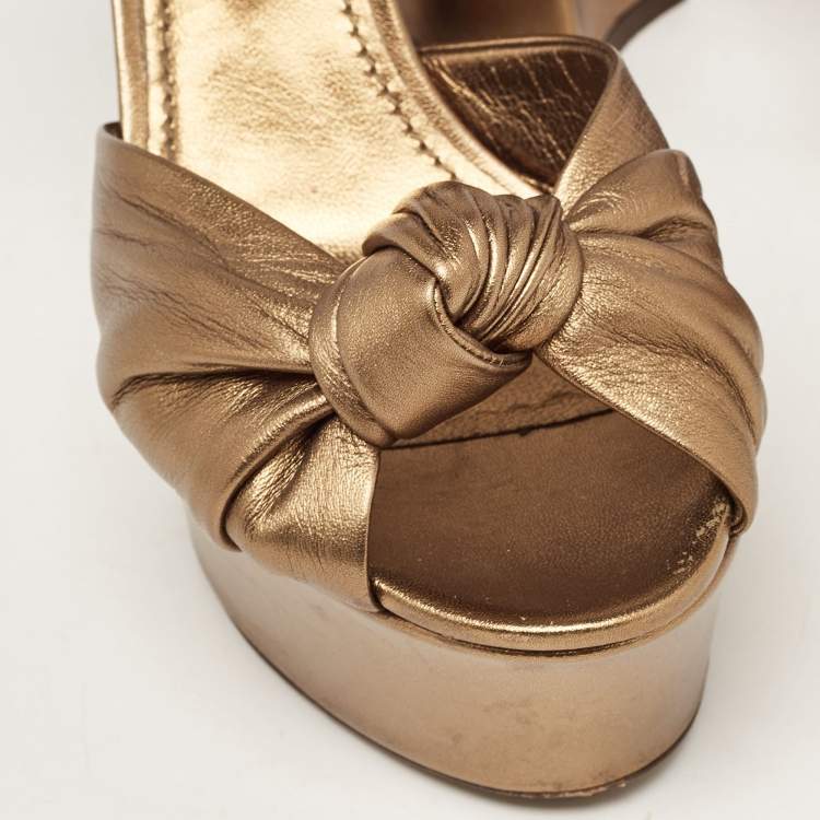 Pre Owned Dolce & Gabbana Metallic Knotted Leather Platform Ankle Strap Sandals Size 37