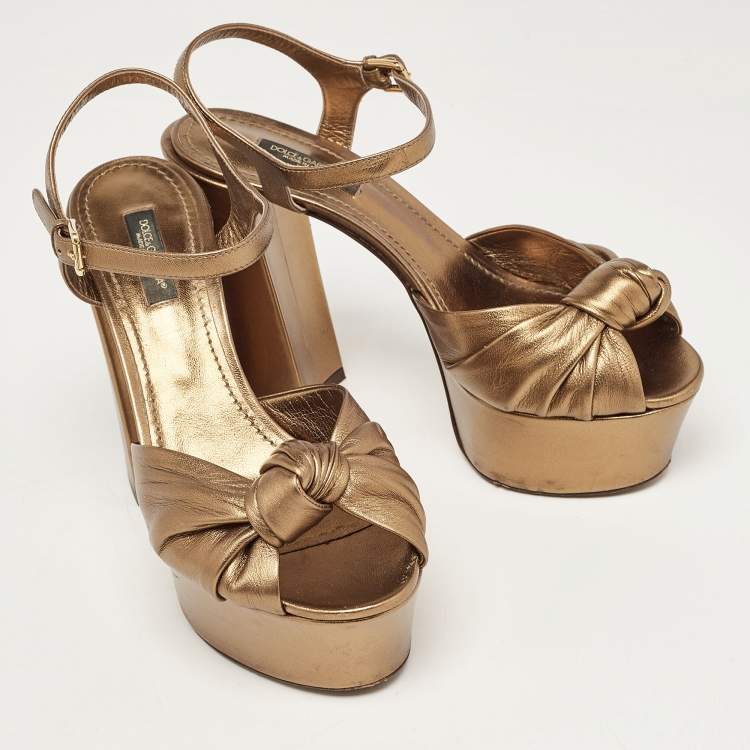 Pre Owned Dolce & Gabbana Metallic Knotted Leather Platform Ankle Strap Sandals Size 37