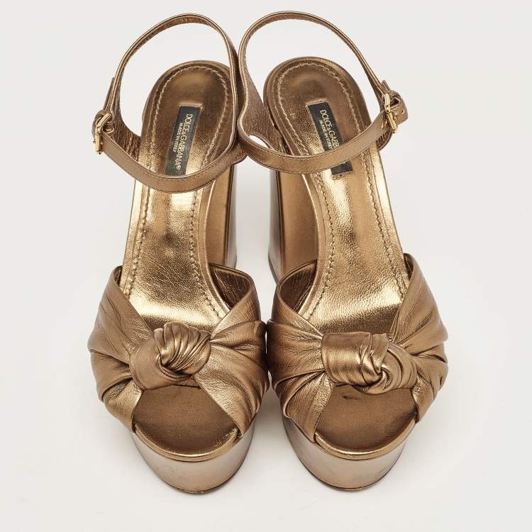 Pre Owned Dolce & Gabbana Metallic Knotted Leather Platform Ankle Strap Sandals Size 37