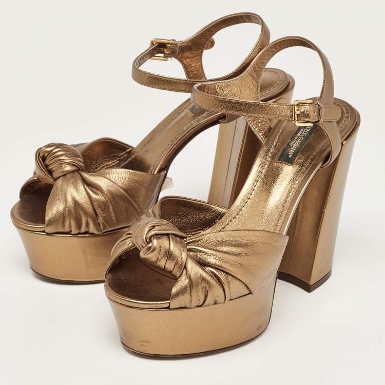 Pre Owned Dolce & Gabbana Metallic Knotted Leather Platform Ankle Strap Sandals Size 37