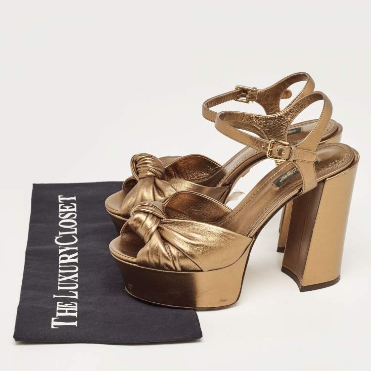 Pre Owned Dolce & Gabbana Metallic Knotted Leather Platform Ankle Strap Sandals Size 37