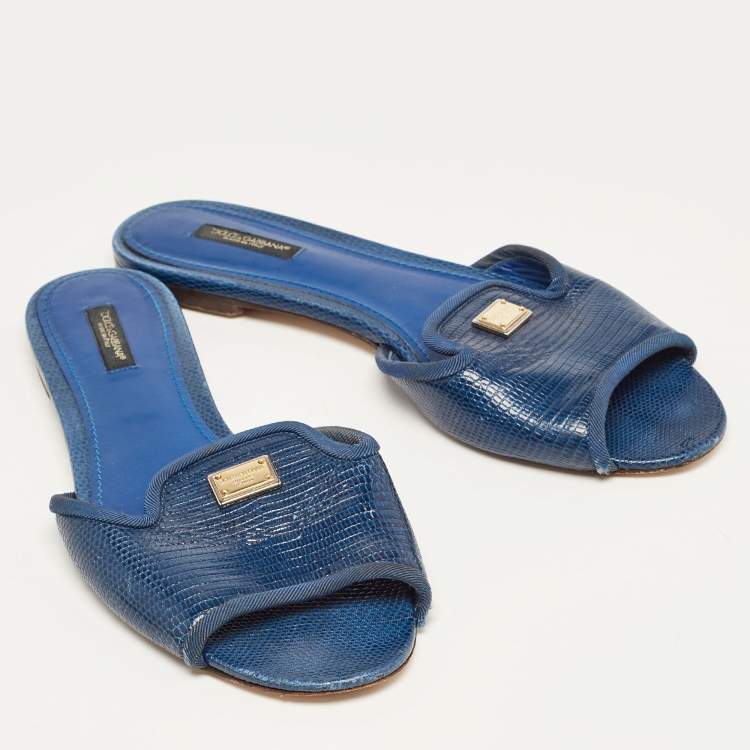 Pre Owned Dolce & Gabbana Blue Embossed Leather Sofia Sandals Size 40.5