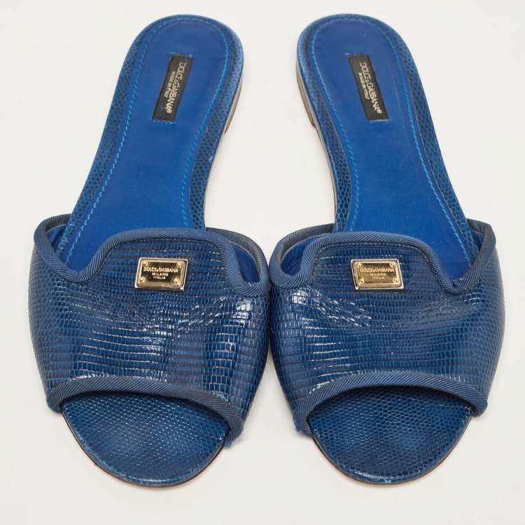 Pre Owned Dolce & Gabbana Blue Embossed Leather Sofia Sandals Size 40.5