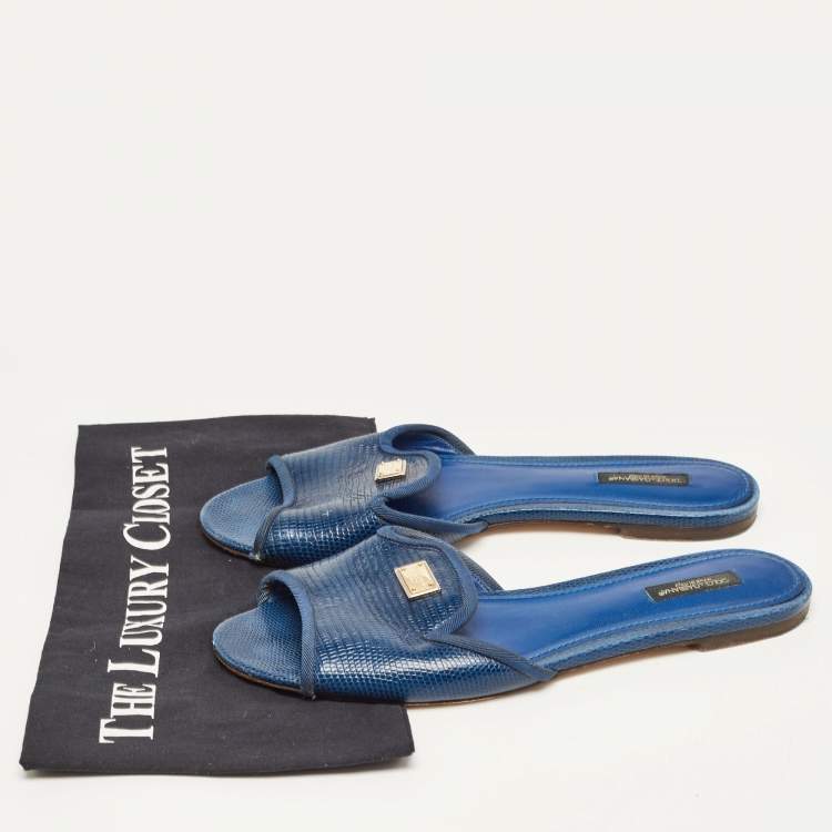 Pre Owned Dolce & Gabbana Blue Embossed Leather Sofia Sandals Size 40.5
