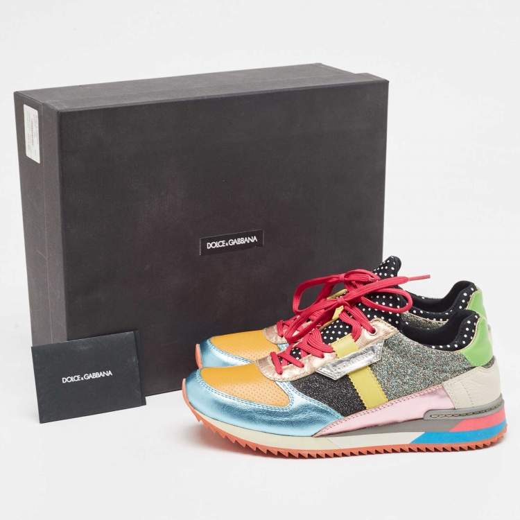 Pre Owned Dolce & Gabbana Multicolor Leather and Glitter Low Top Sneakers Size 37.5