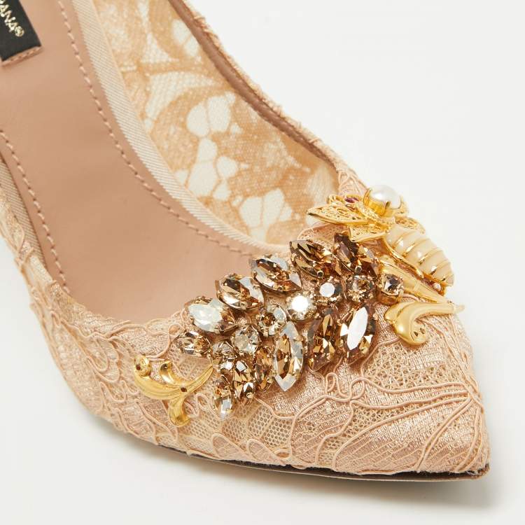 Pre Owned Dolce & Gabbana Beige Lace Crystal Embellished Pointed Toe Pumps Size 38.5