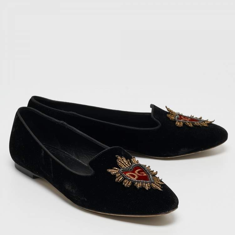 Pre Owned Dolce & Gabbana Black Embroidered Velvet Smoking Slippers Size 38