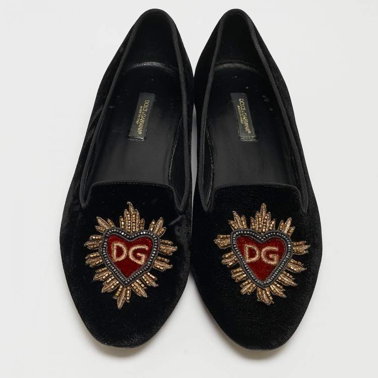 Pre Owned Dolce & Gabbana Black Embroidered Velvet Smoking Slippers Size 38
