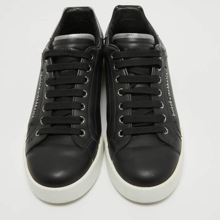 Pre Owned Dolce & Gabbana Black Leather DG Pearl Portofino Sneakers Size 39