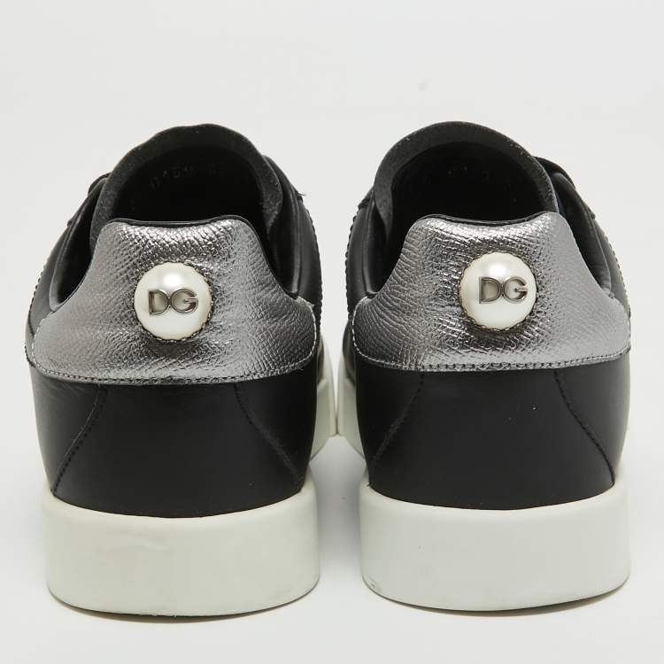 Pre Owned Dolce & Gabbana Black Leather DG Pearl Portofino Sneakers Size 39