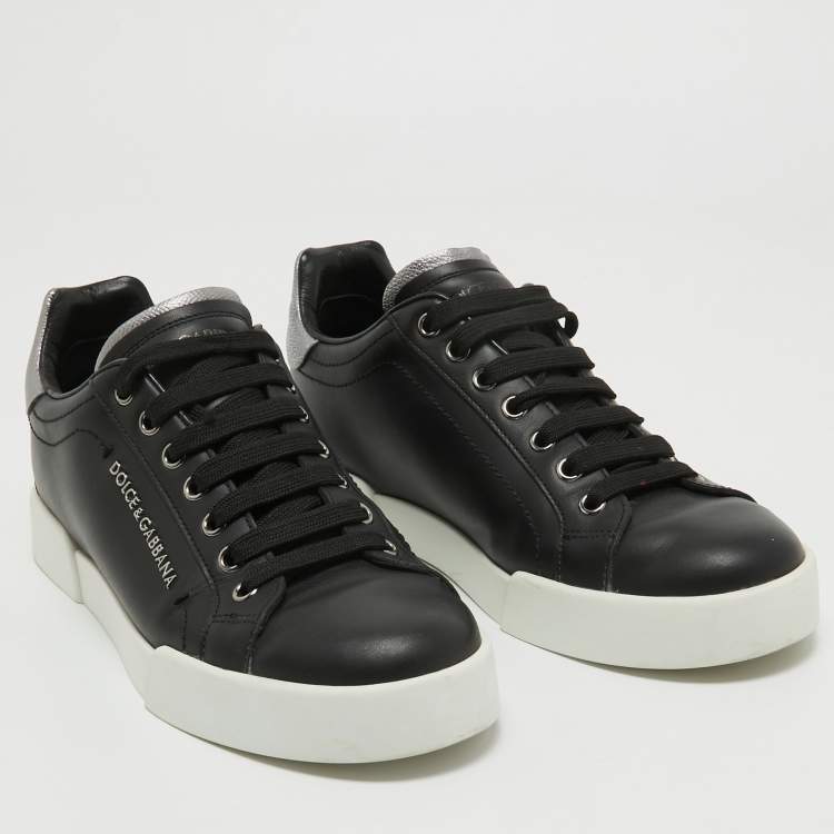 Pre Owned Dolce & Gabbana Black Leather DG Pearl Portofino Sneakers Size 39