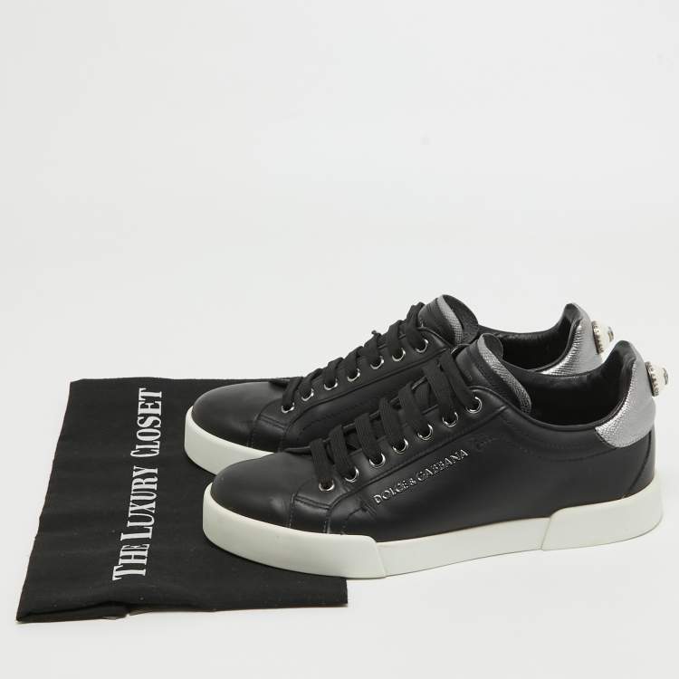 Pre Owned Dolce & Gabbana Black Leather DG Pearl Portofino Sneakers Size 39