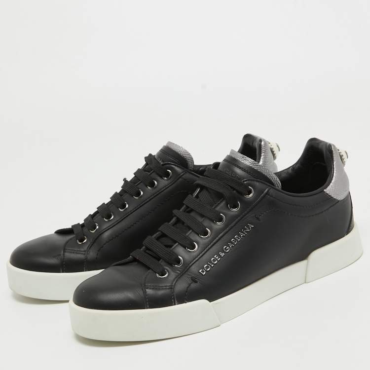 Pre Owned Dolce & Gabbana Black Leather DG Pearl Portofino Sneakers Size 39