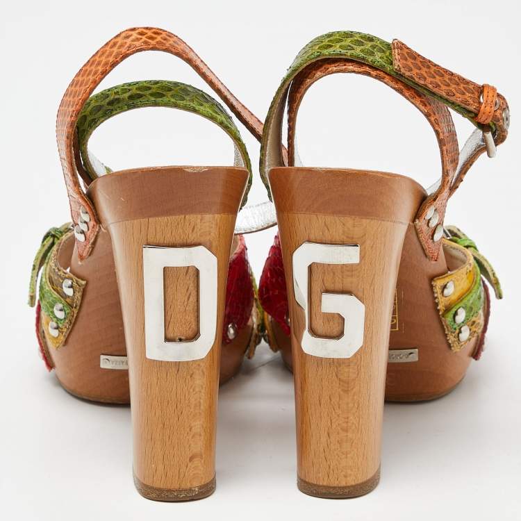 Pre Owned Dolce & Gabbana Multicolor Watersnake Leather Block Heel Strappy Sandals Size 36