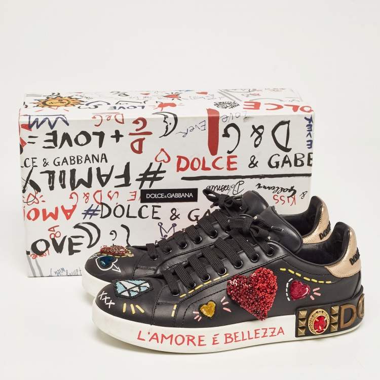 Pre Owned Dolce & Gabbana Black Leather Portofino Embellished Low Top Sneakers Size 39