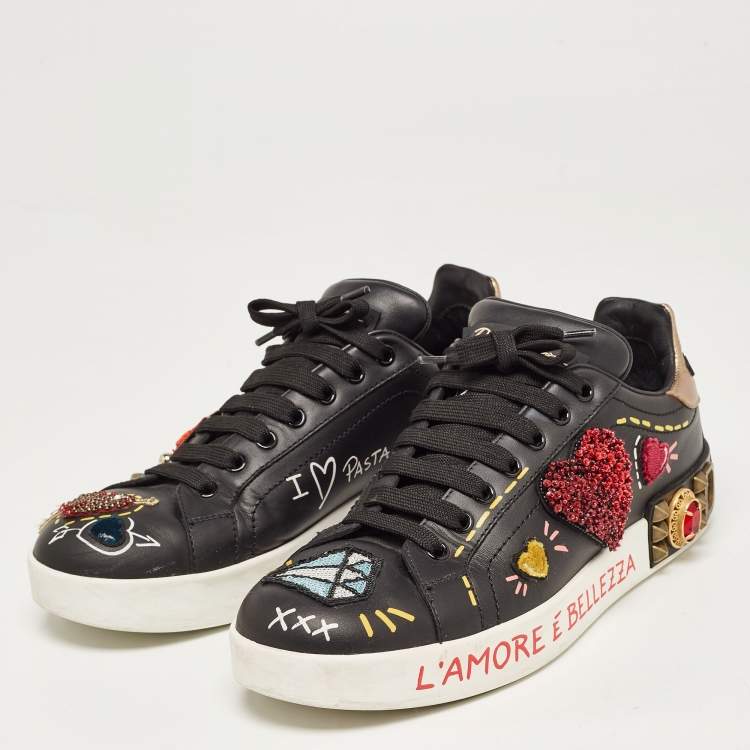 Pre Owned Dolce & Gabbana Black Leather Portofino Embellished Low Top Sneakers Size 39