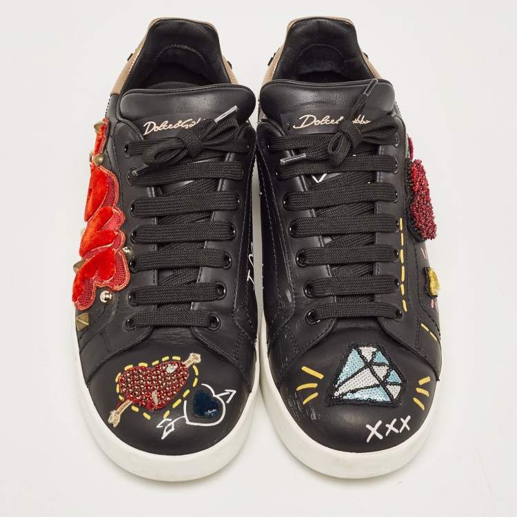 Pre Owned Dolce & Gabbana Black Leather Portofino Embellished Low Top Sneakers Size 39