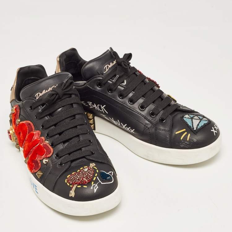 Pre Owned Dolce & Gabbana Black Leather Portofino Embellished Low Top Sneakers Size 39