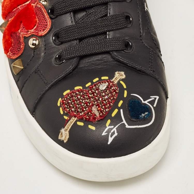 Pre Owned Dolce & Gabbana Black Leather Portofino Embellished Low Top Sneakers Size 39