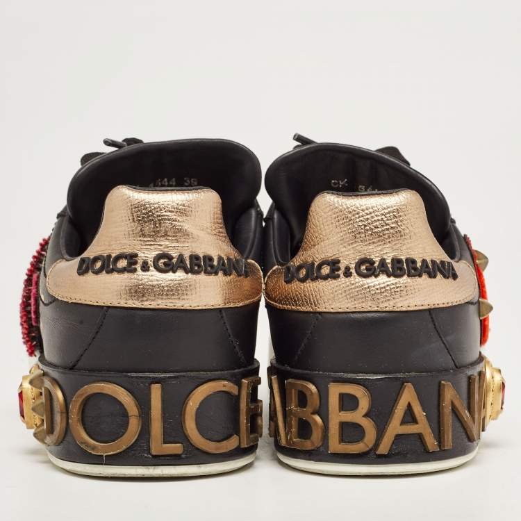 Pre Owned Dolce & Gabbana Black Leather Portofino Embellished Low Top Sneakers Size 39