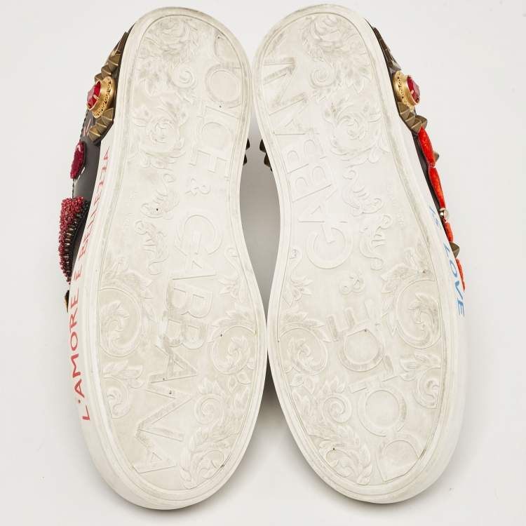 Pre Owned Dolce & Gabbana Black Leather Portofino Embellished Low Top Sneakers Size 39