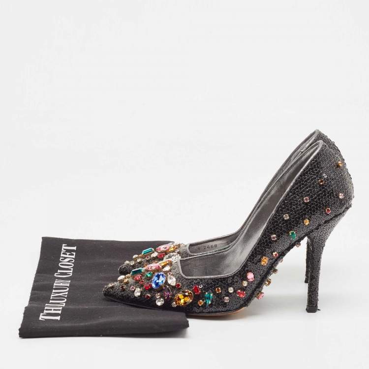 Pre Owned Dolce & Gabbana Black Sequins and Leather Trim Crystal Embellished Pumps Size 37