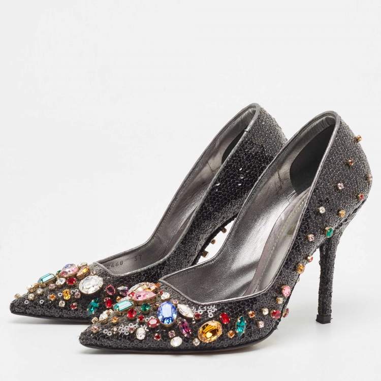 Pre Owned Dolce & Gabbana Black Sequins and Leather Trim Crystal Embellished Pumps Size 37