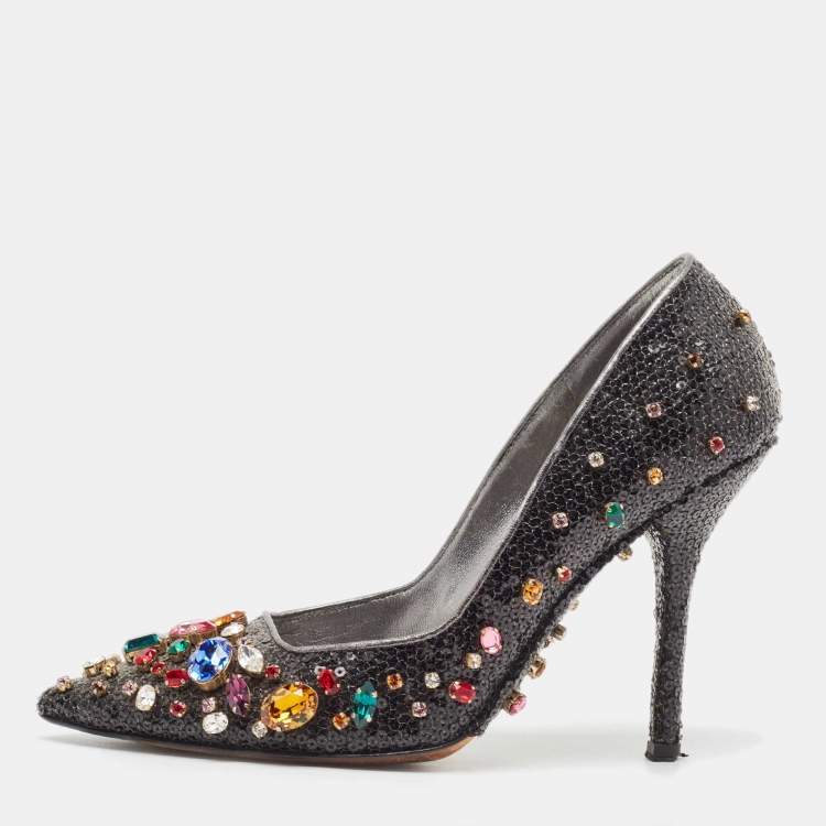 Pre Owned Dolce & Gabbana Black Sequins and Leather Trim Crystal Embellished Pumps Size 37