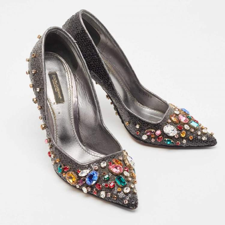 Pre Owned Dolce & Gabbana Black Sequins and Leather Trim Crystal Embellished Pumps Size 37